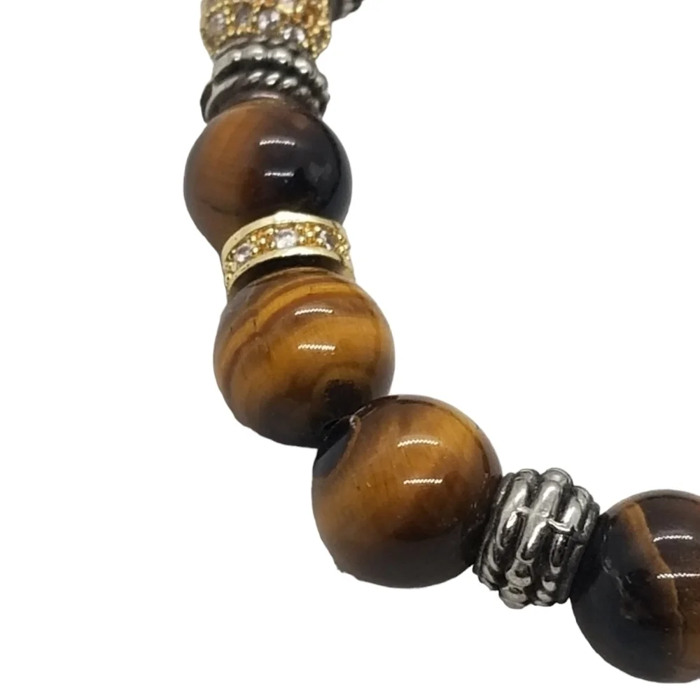 VINTAGE GENUINE TIGERS EYE GEMSTONE & CRYSTAL BEAD STRETCH BRACELET - Picture 5 of 6